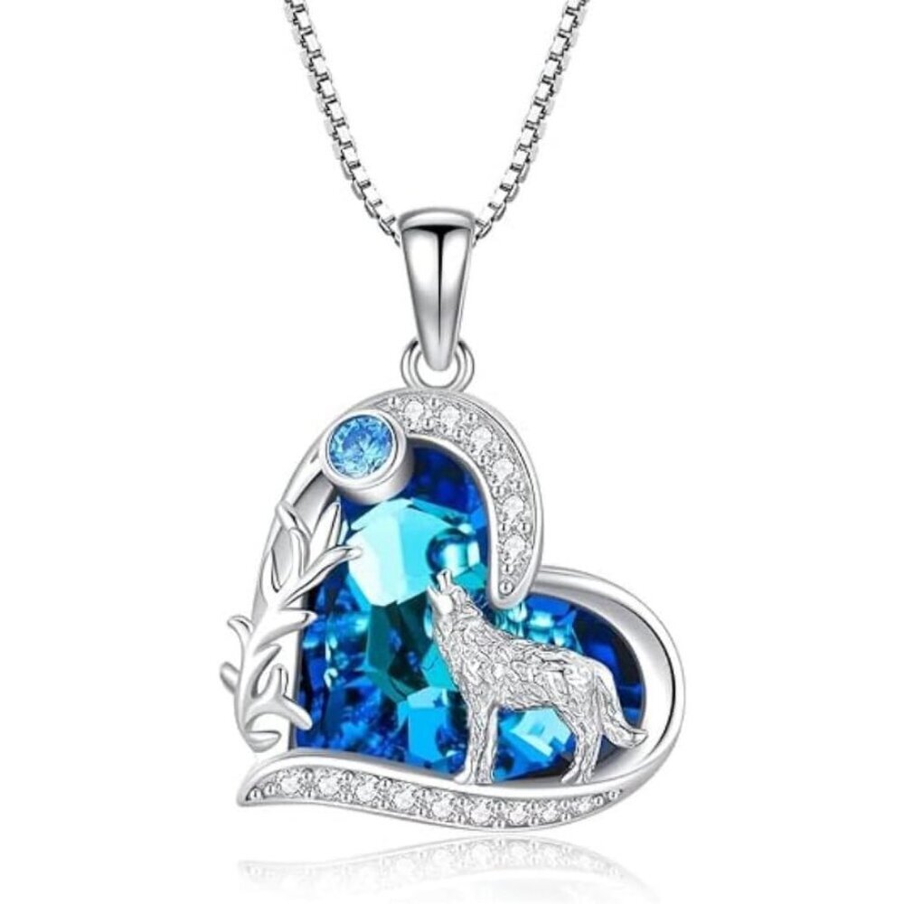 Howling Wolf Silver Necklace for Women with Blue Ocean Heart Gem - Perfect Wolf